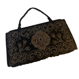 Vintage Soure New York 1950's handbag purse black velvet gold beads bag